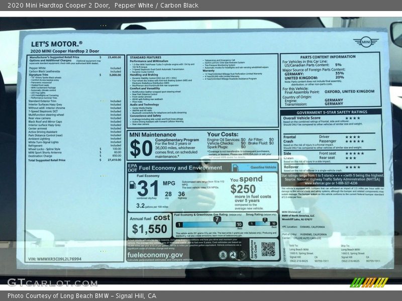 Pepper White / Carbon Black 2020 Mini Hardtop Cooper 2 Door
