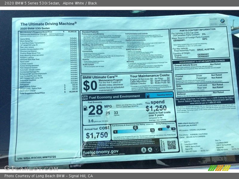 Alpine White / Black 2020 BMW 5 Series 530i Sedan