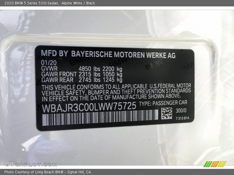 Alpine White / Black 2020 BMW 5 Series 530i Sedan