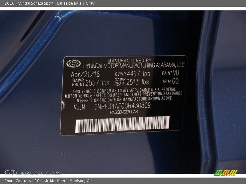 Lakeside Blue / Gray 2016 Hyundai Sonata Sport