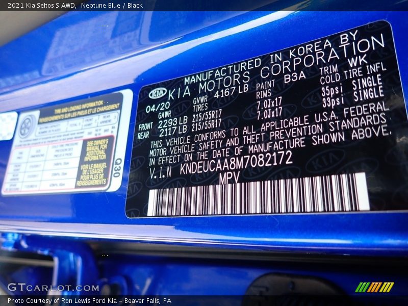 2021 Seltos S AWD Neptune Blue Color Code B3A