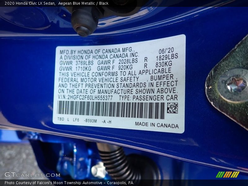 Aegean Blue Metallic / Black 2020 Honda Civic LX Sedan