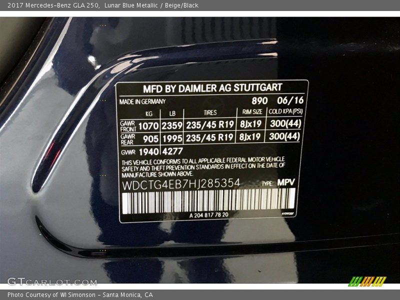 Lunar Blue Metallic / Beige/Black 2017 Mercedes-Benz GLA 250