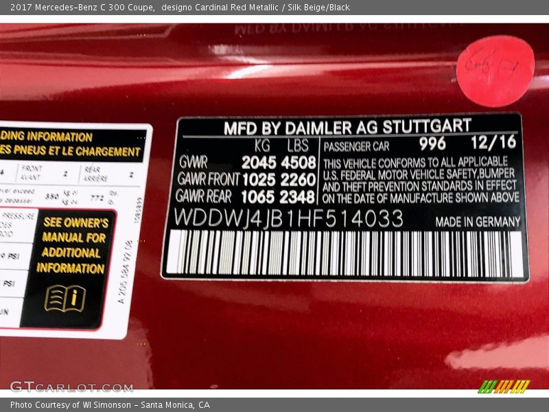 designo Cardinal Red Metallic / Silk Beige/Black 2017 Mercedes-Benz C 300 Coupe