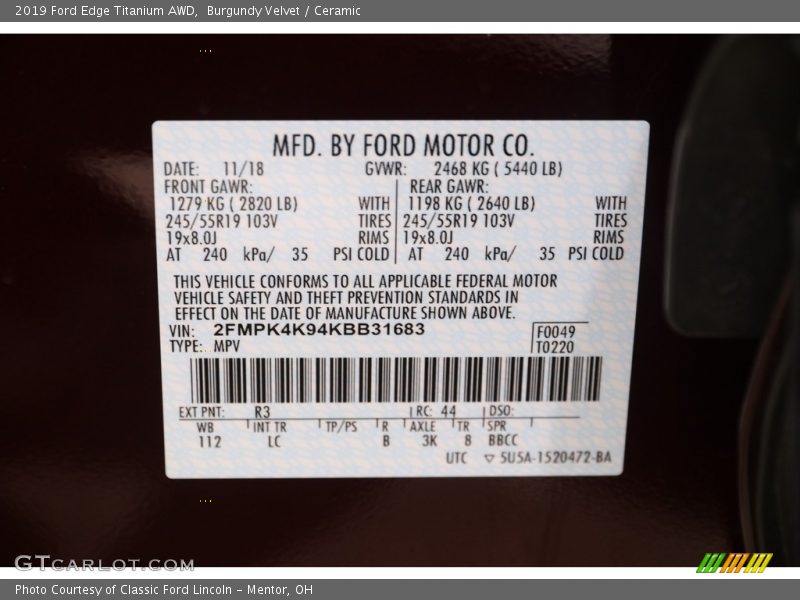 Burgundy Velvet / Ceramic 2019 Ford Edge Titanium AWD