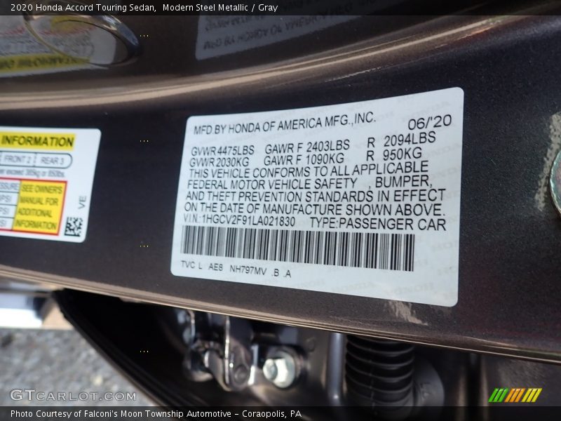 2020 Accord Touring Sedan Modern Steel Metallic Color Code NH797MV