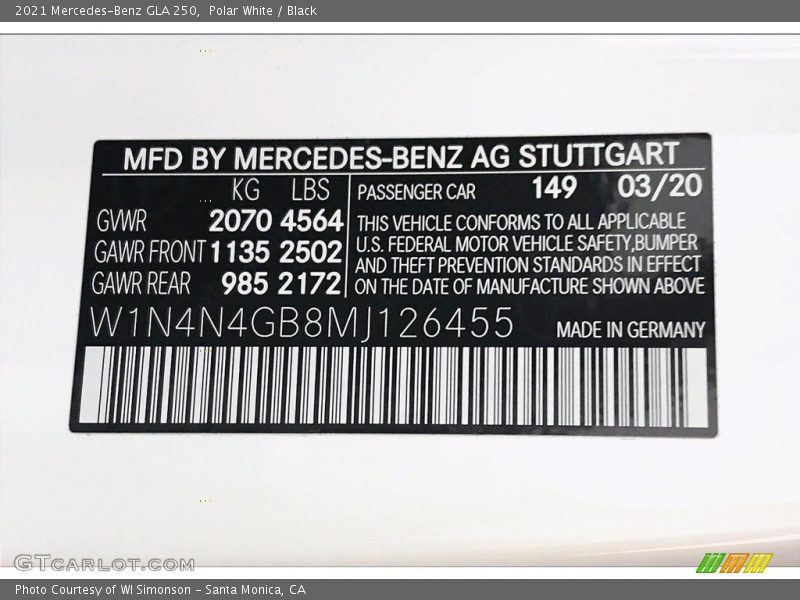 2021 GLA 250 Polar White Color Code 149
