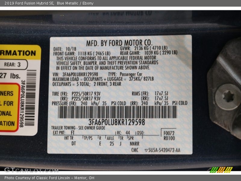 Blue Metallic / Ebony 2019 Ford Fusion Hybrid SE