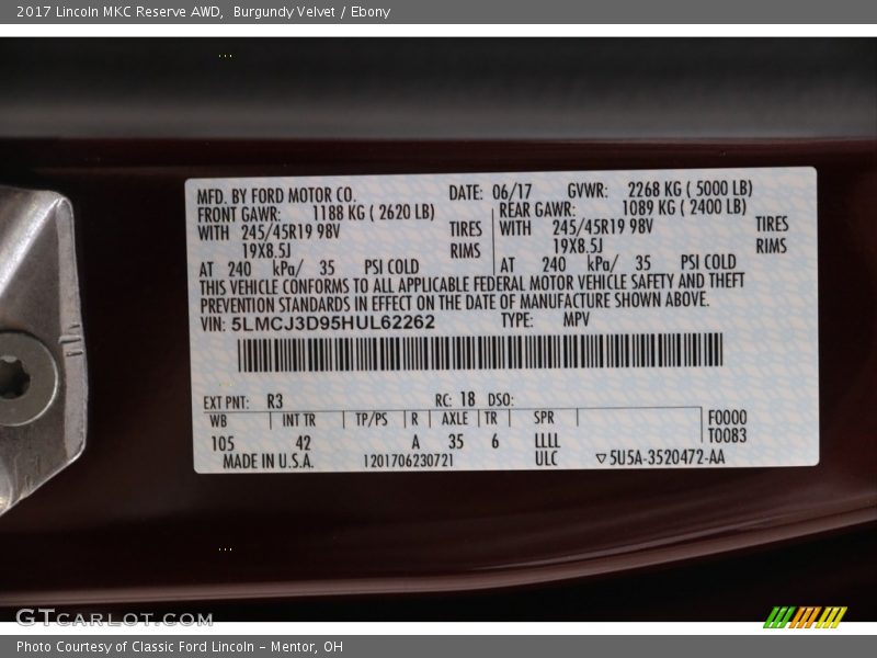 Burgundy Velvet / Ebony 2017 Lincoln MKC Reserve AWD