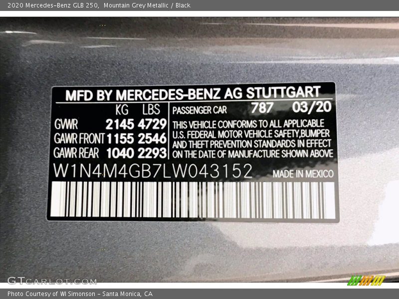 Mountain Grey Metallic / Black 2020 Mercedes-Benz GLB 250