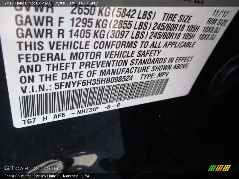 Crystal Black Pearl / Gray 2017 Honda Pilot EX AWD