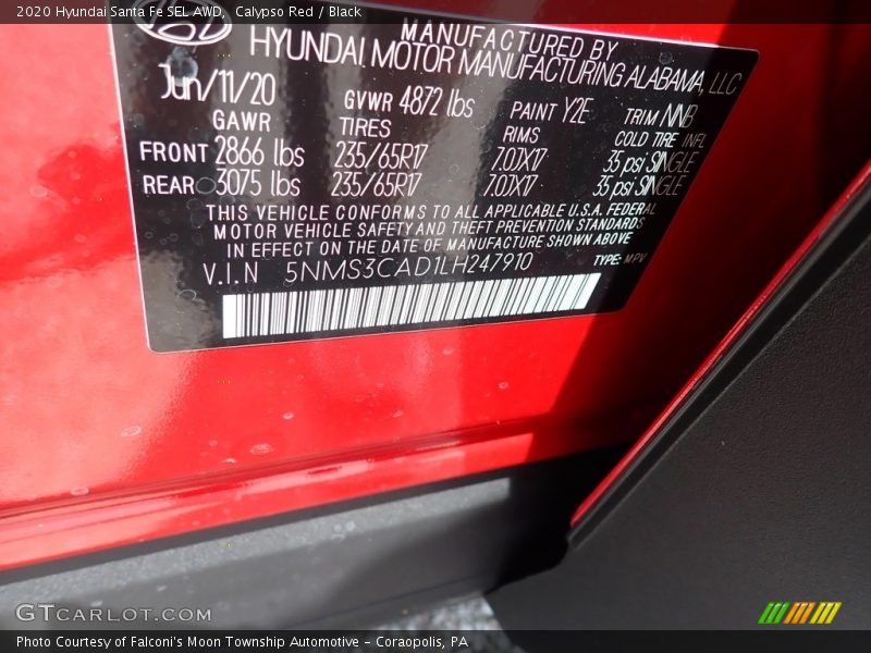 Calypso Red / Black 2020 Hyundai Santa Fe SEL AWD
