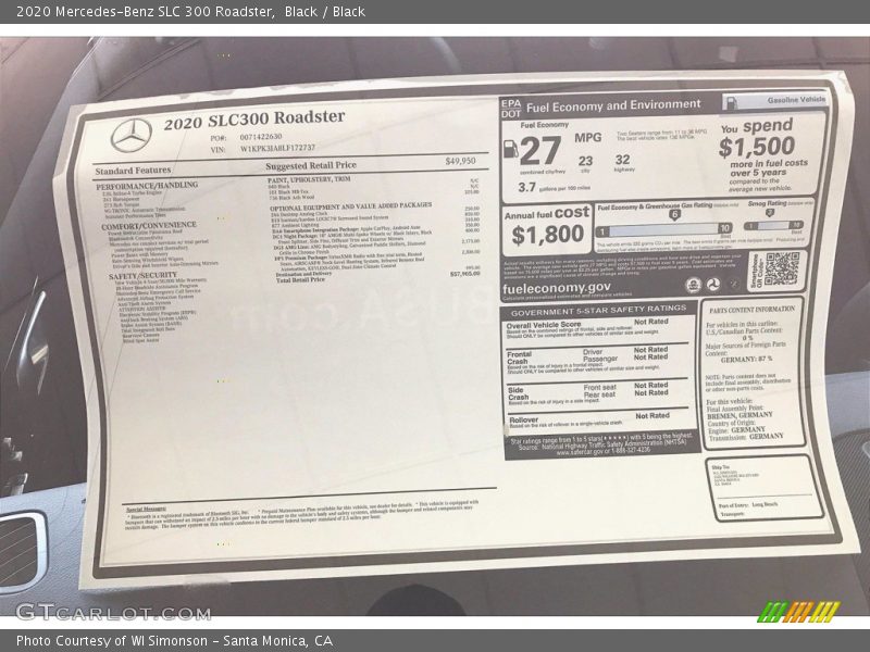  2020 SLC 300 Roadster Window Sticker