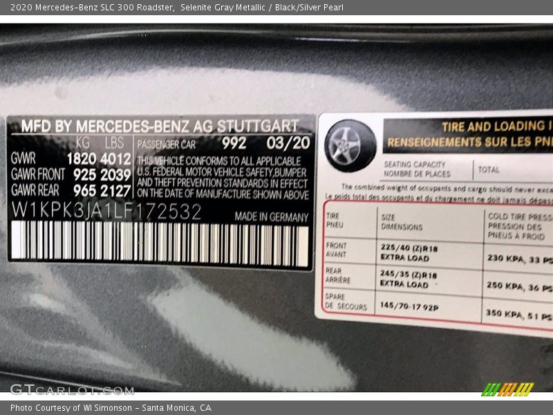 2020 SLC 300 Roadster Selenite Gray Metallic Color Code 992