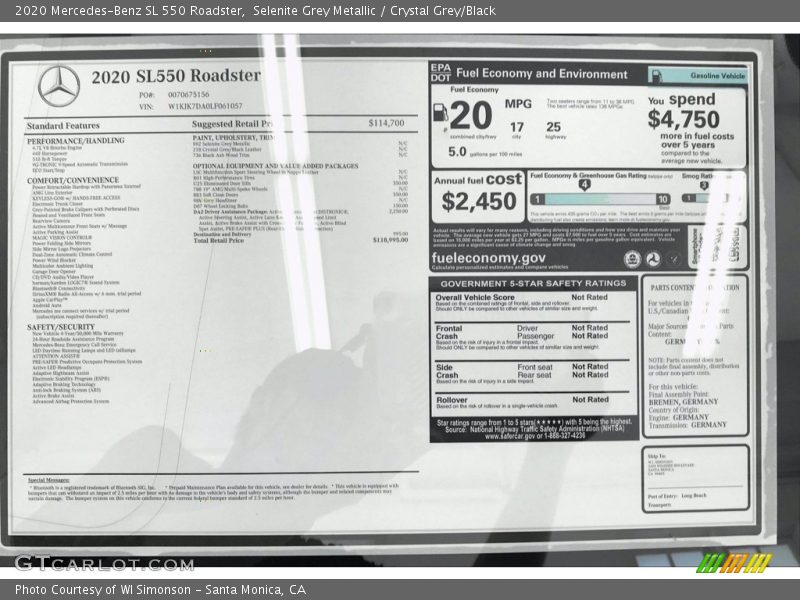  2020 SL 550 Roadster Window Sticker