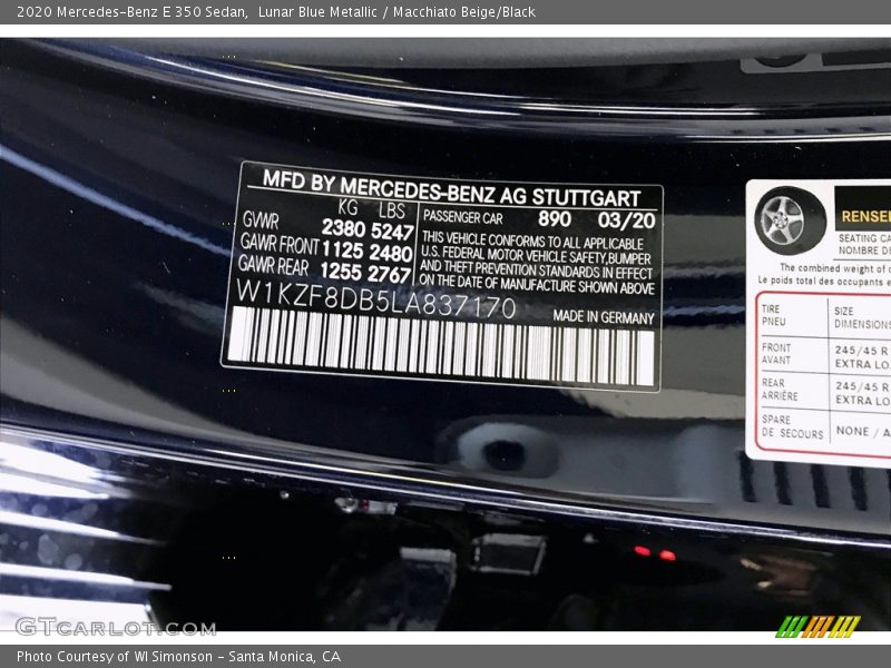 Lunar Blue Metallic / Macchiato Beige/Black 2020 Mercedes-Benz E 350 Sedan