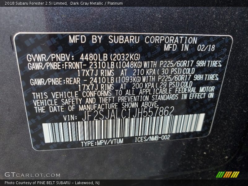 Dark Gray Metallic / Platinum 2018 Subaru Forester 2.5i Limited