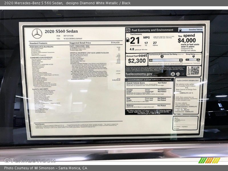 designo Diamond White Metallic / Black 2020 Mercedes-Benz S 560 Sedan