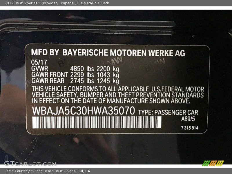 Imperial Blue Metallic / Black 2017 BMW 5 Series 530i Sedan
