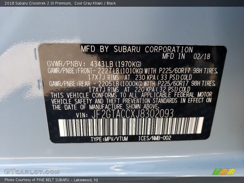 Cool Gray Khaki / Black 2018 Subaru Crosstrek 2.0i Premium