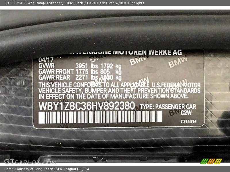 Fluid Black / Deka Dark Cloth w/Blue Highlights 2017 BMW i3 with Range Extender