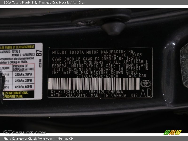 Magnetic Gray Metallic / Ash Gray 2009 Toyota Matrix 1.8