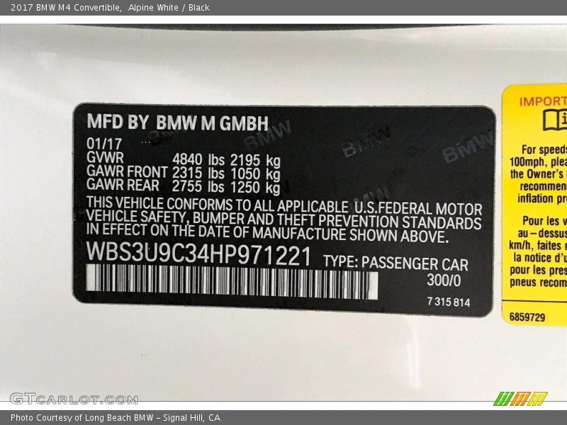 2017 M4 Convertible Alpine White Color Code 300