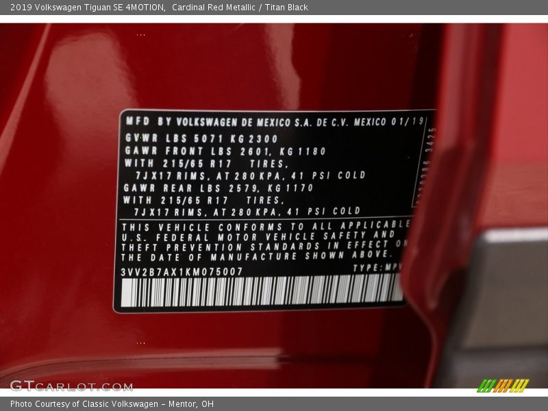 Cardinal Red Metallic / Titan Black 2019 Volkswagen Tiguan SE 4MOTION