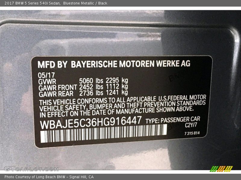 Bluestone Metallic / Black 2017 BMW 5 Series 540i Sedan