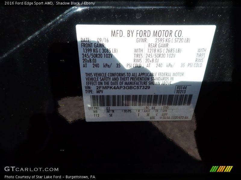 Shadow Black / Ebony 2016 Ford Edge Sport AWD