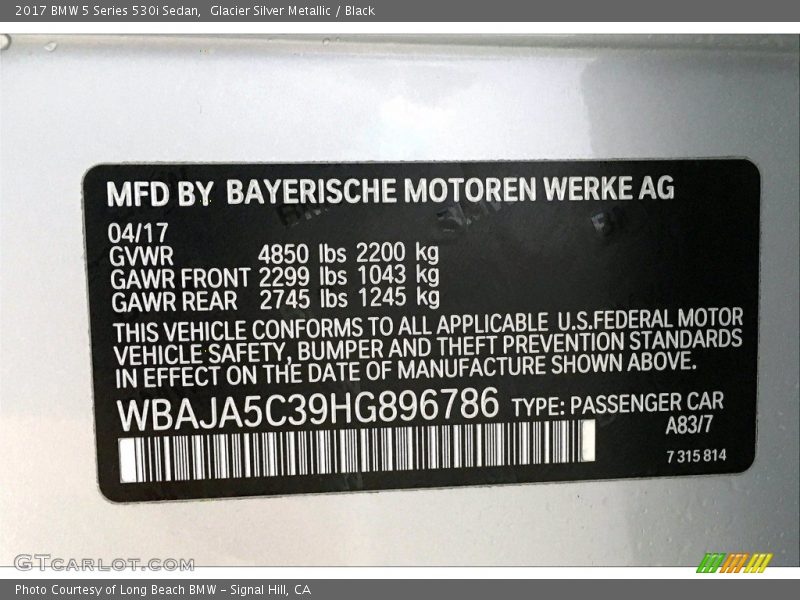 Glacier Silver Metallic / Black 2017 BMW 5 Series 530i Sedan