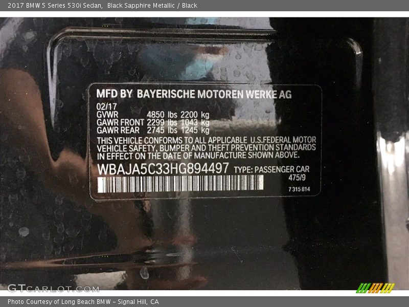 Black Sapphire Metallic / Black 2017 BMW 5 Series 530i Sedan