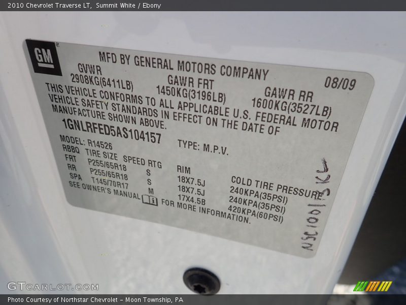 Summit White / Ebony 2010 Chevrolet Traverse LT