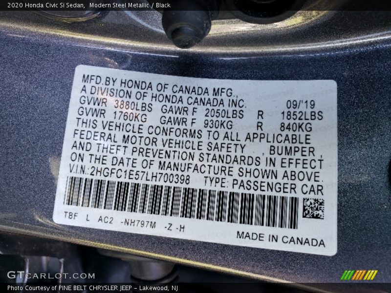 Modern Steel Metallic / Black 2020 Honda Civic Si Sedan