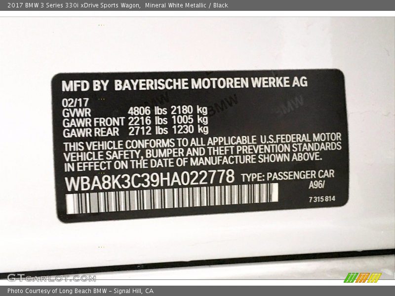 2017 3 Series 330i xDrive Sports Wagon Mineral White Metallic Color Code A96
