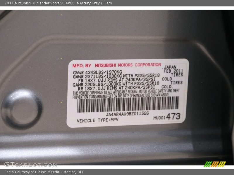 Mercury Gray / Black 2011 Mitsubishi Outlander Sport SE 4WD
