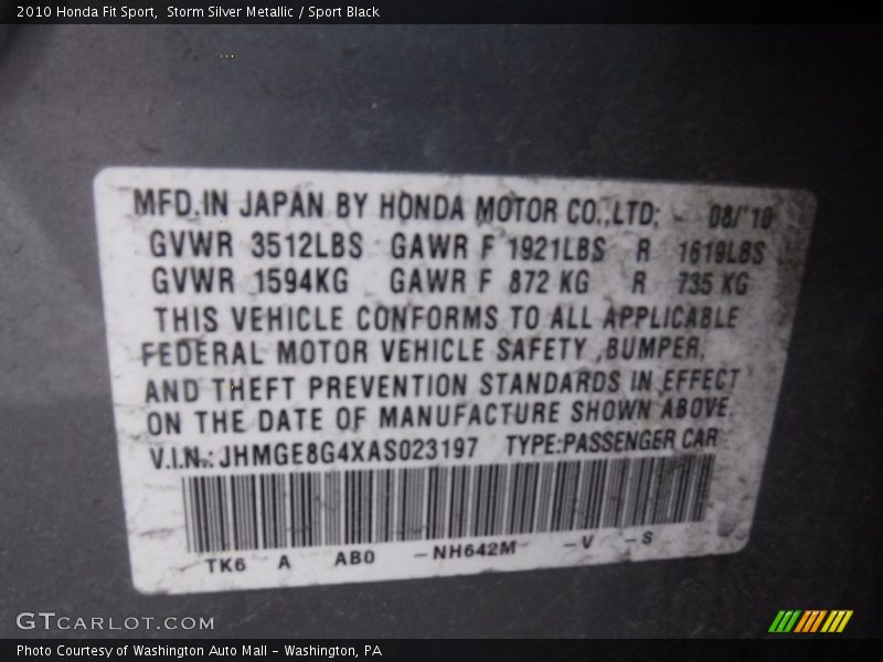 Storm Silver Metallic / Sport Black 2010 Honda Fit Sport