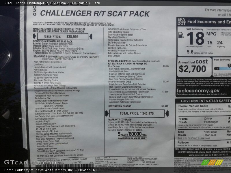  2020 Challenger R/T Scat Pack Window Sticker