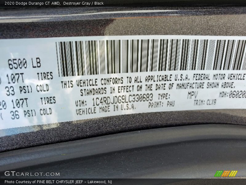 Destroyer Gray / Black 2020 Dodge Durango GT AWD