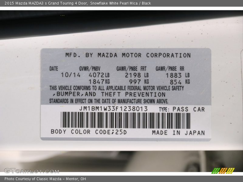 2015 MAZDA3 s Grand Touring 4 Door Snowflake White Pearl Mica Color Code 25D