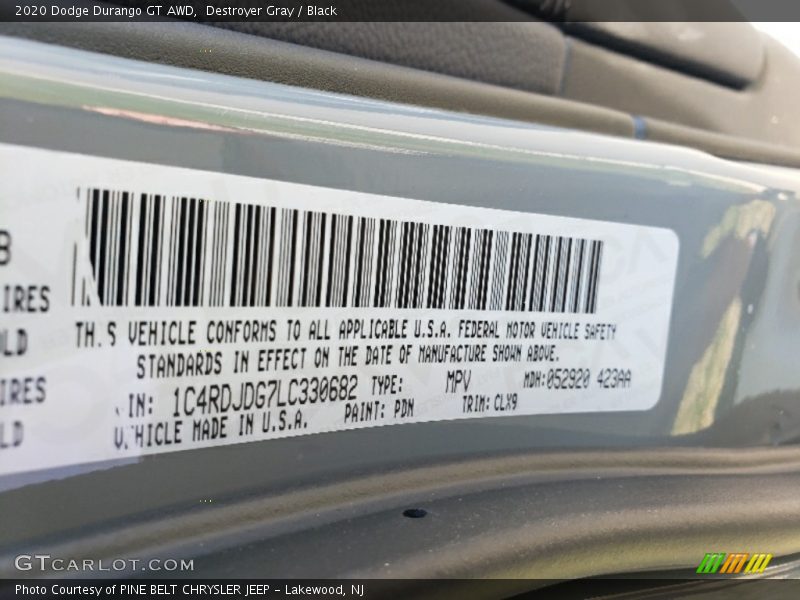 Destroyer Gray / Black 2020 Dodge Durango GT AWD