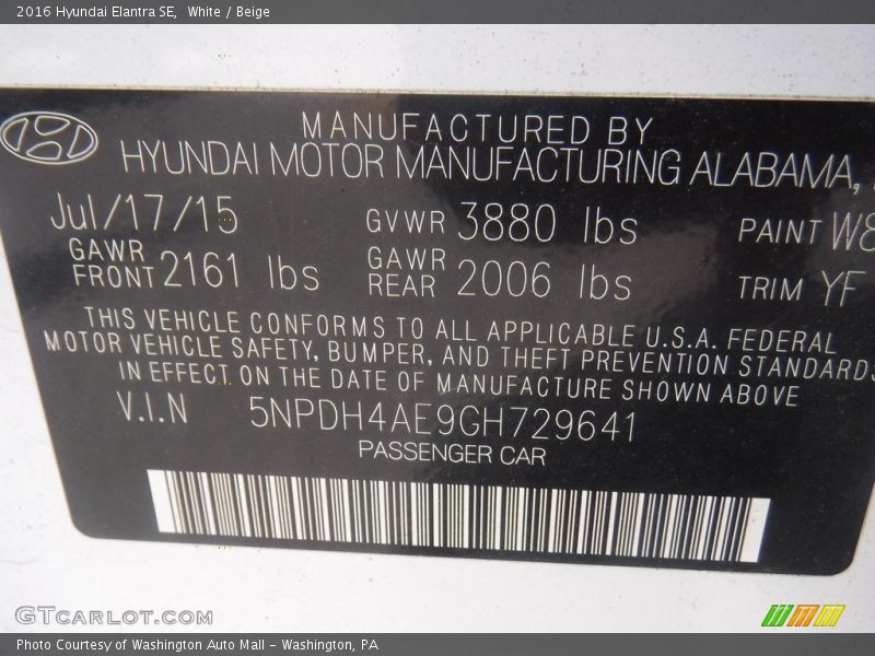 White / Beige 2016 Hyundai Elantra SE