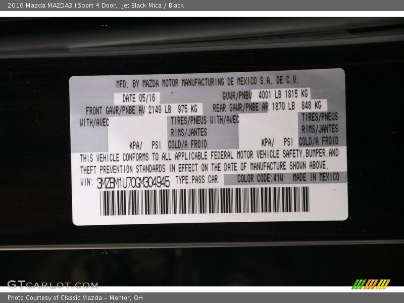 2016 MAZDA3 i Sport 4 Door Jet Black Mica Color Code 41W