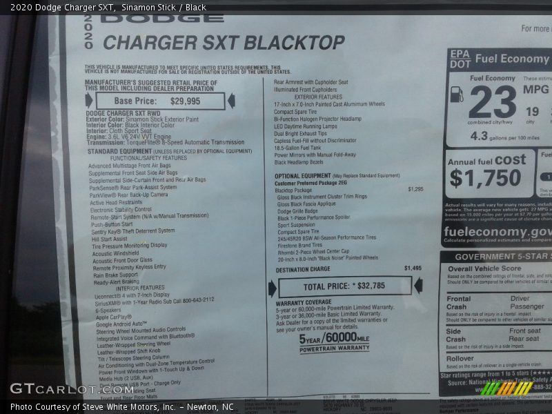  2020 Charger SXT Window Sticker