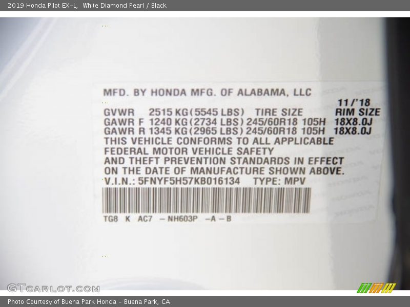 White Diamond Pearl / Black 2019 Honda Pilot EX-L