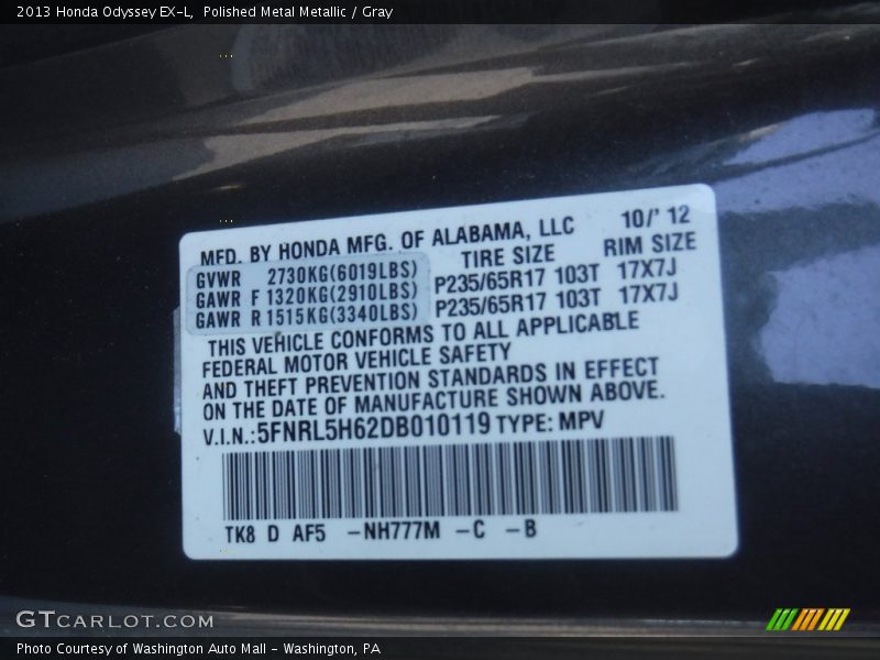 Polished Metal Metallic / Gray 2013 Honda Odyssey EX-L