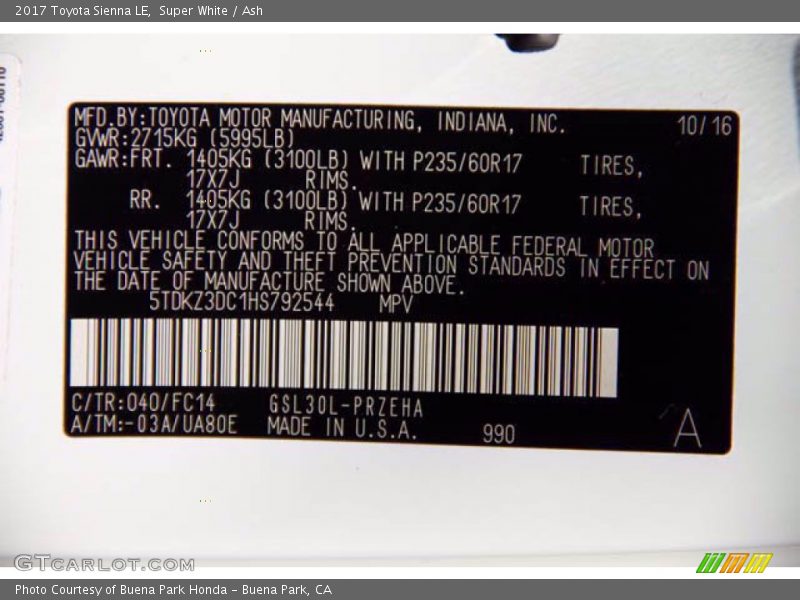 2017 Sienna LE Super White Color Code 040