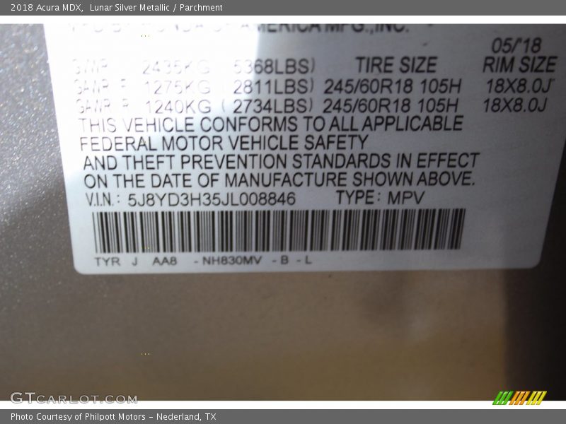 Lunar Silver Metallic / Parchment 2018 Acura MDX