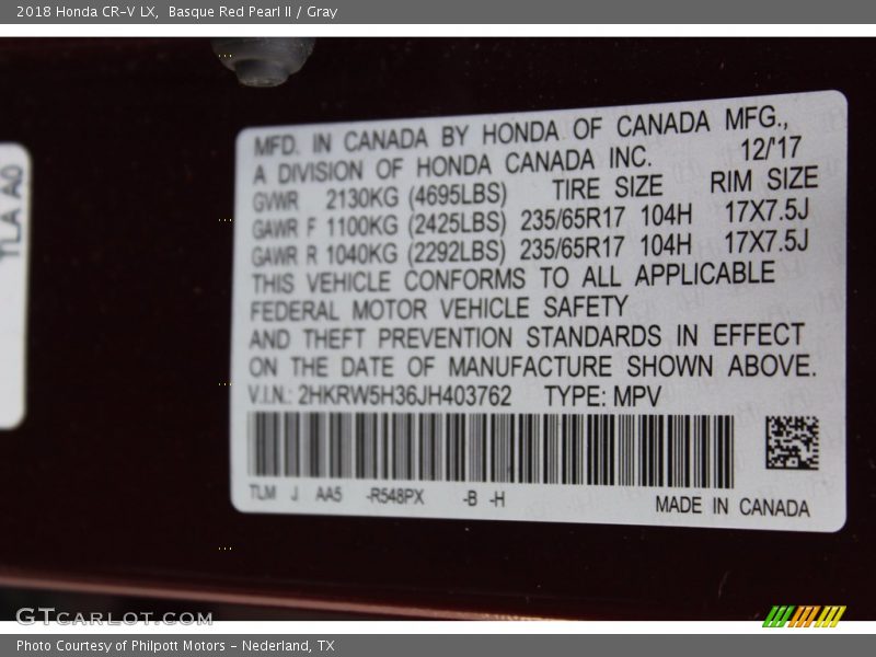 Basque Red Pearl II / Gray 2018 Honda CR-V LX