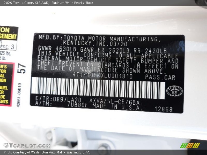 2020 Camry XLE AWD Platinum White Pearl Color Code 089